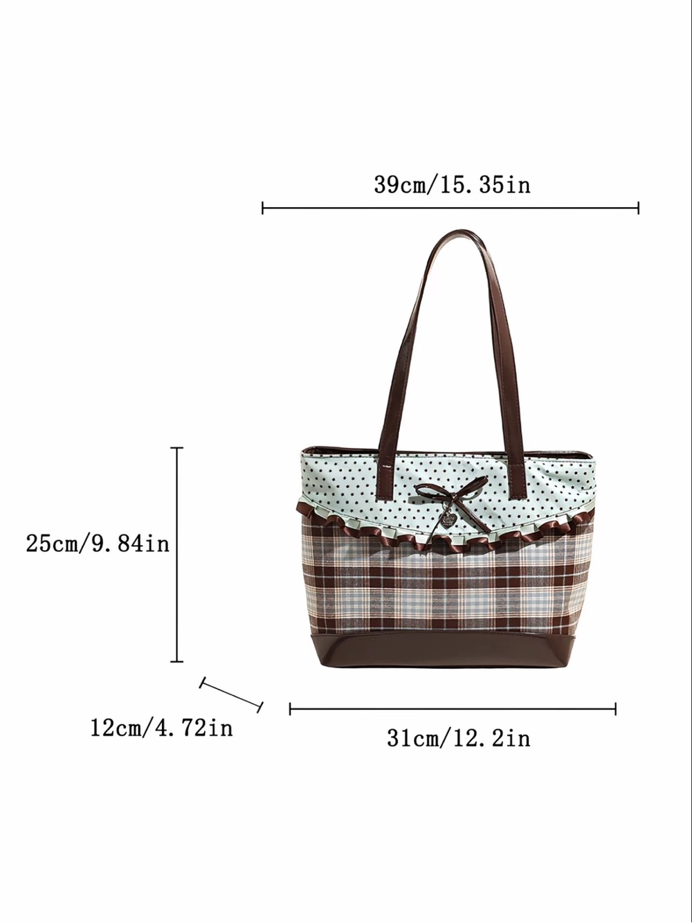 Brown Plaid Tote Bag with Light Blue Polka Dot Trim - Picture 5 of 5